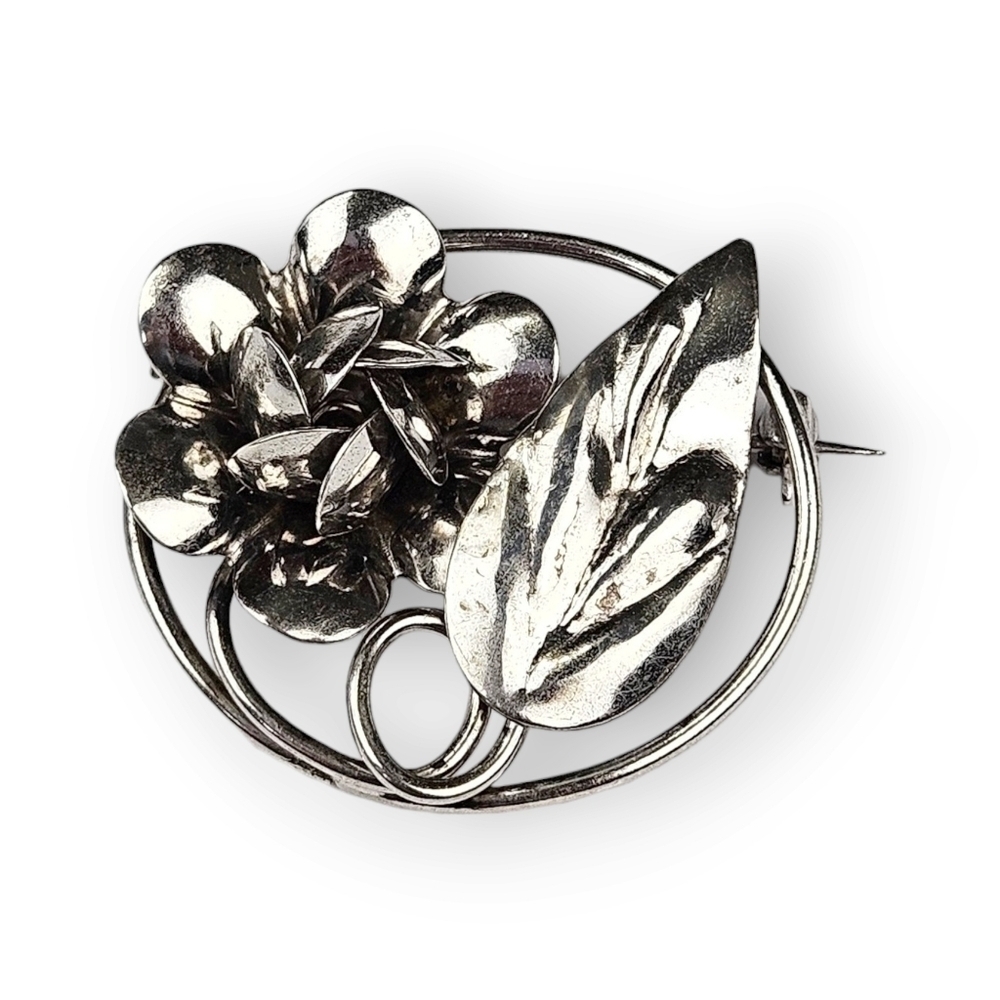 Vintage Sterling Rose Brooch Floral Dimensional Flower 925 Silver 1950s 1.25"